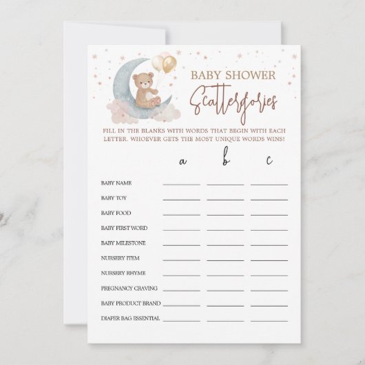 月の上に赤ちゃんシャワーScatteregoriesゲームカード 招待状 (正面)