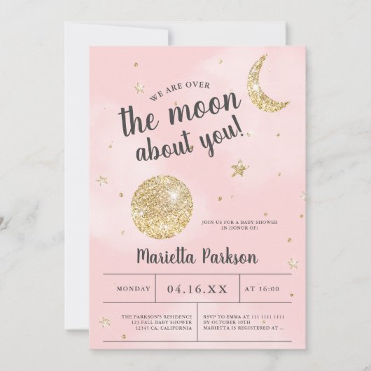 月の上に金ゴールドグリッターのピンクの雲の赤ん坊シャワー 招待状 (正面)