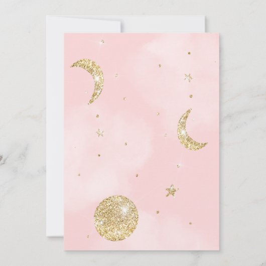 月の上に金ゴールドグリッターのピンクの雲の赤ん坊シャワー 招待状 (裏面)