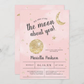 月の上に金ゴールドグリッターのピンクの雲の赤ん坊シャワー 招待状 (正面/裏面)