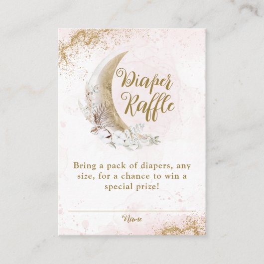 月の上に金ゴールドピンクの赤ちゃん女の子シャワーおむつ エンクロージャーカード (正面)