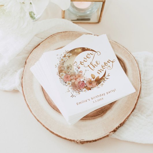 月の上に金ゴールドフローラムーンガールの誕生日 スタンダードカクテルナプキン