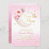 月の上に金ゴールド星ピンクの女の子の赤ちゃんシャワー 招待状 (正面/裏面)