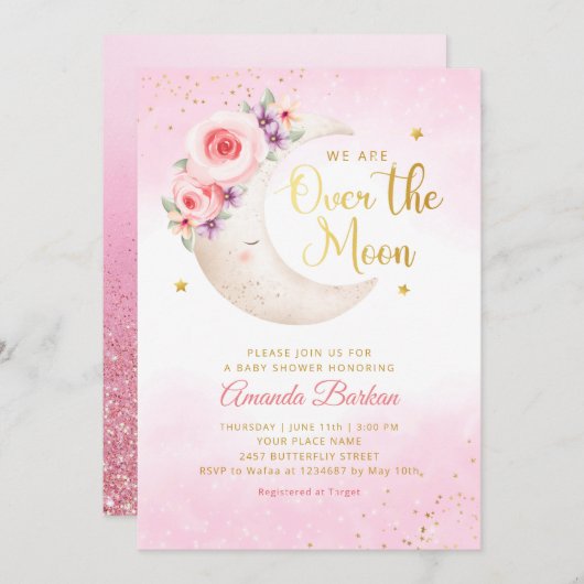 月の上に金ゴールド星ピンクの女の子の赤ちゃんシャワー 招待状 (正面/裏面)