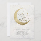 月の上に金ゴールド星ホワイトスカイ赤ちゃんシャワー 招待状 (正面)