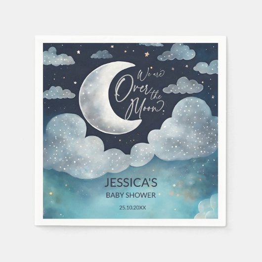 月の上に銀河系の赤ん坊のシャワーモノグラムの スタンダードカクテルナプキン (正面)