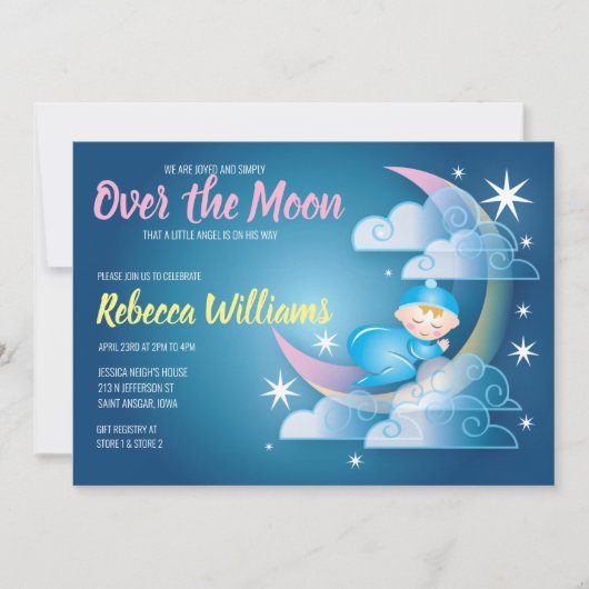 月の上に閉じ込められた赤ちゃんシャワー – 軽い肌 招待状 (正面)