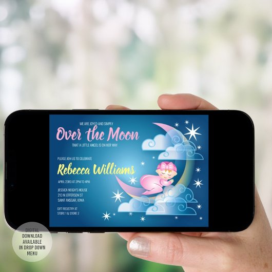 月の上に閉じ込められた赤ちゃんシャワー – 軽い肌 招待状