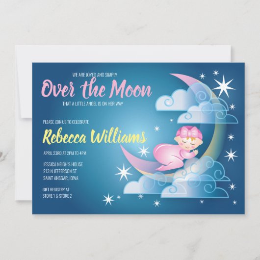 月の上に閉じ込められた赤ちゃんシャワー – 軽い肌 招待状 (正面)
