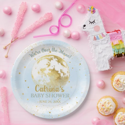 月の上に青い天体と星の赤ちゃんシャワー ペーパープレート (パーティー)