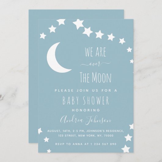 月の上のほこりっぽい青と星の夢のような三日月 招待状 (正面/裏面)