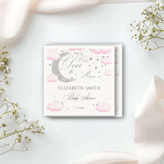 月の上のシルバーピンクの女の子の赤ちゃんシャワー スタンダードカクテルナプキン