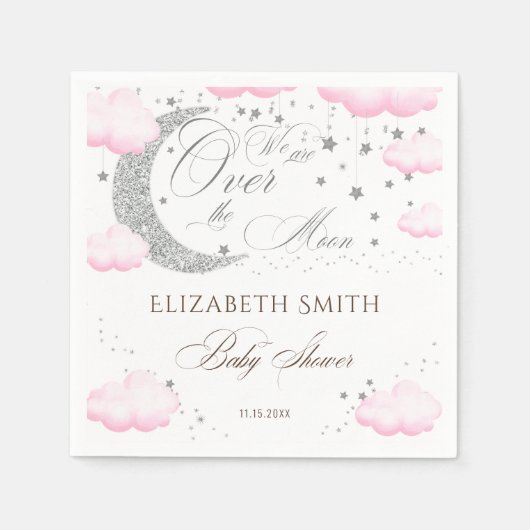 月の上のシルバーピンクの女の子の赤ちゃんシャワー スタンダードカクテルナプキン (正面)