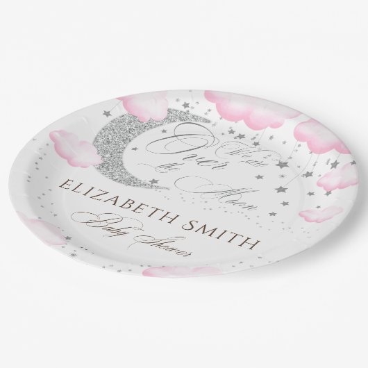 月の上のシルバーピンクの女の子の赤ちゃんシャワー ペーパープレート (アングル)