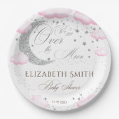 月の上のシルバーピンクの女の子の赤ちゃんシャワー ペーパープレート (正面)