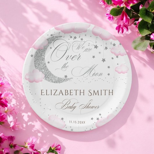 月の上のシルバーピンクの女の子の赤ちゃんシャワー ペーパープレート