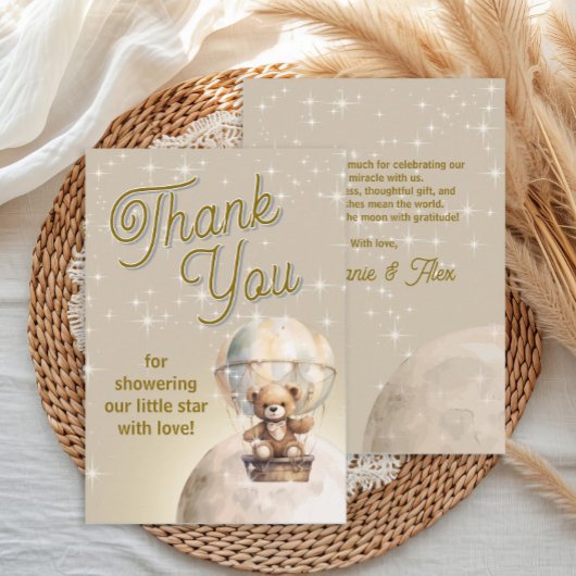 月の上のテディベア男女兼用ベビーシャワー サンキューカード