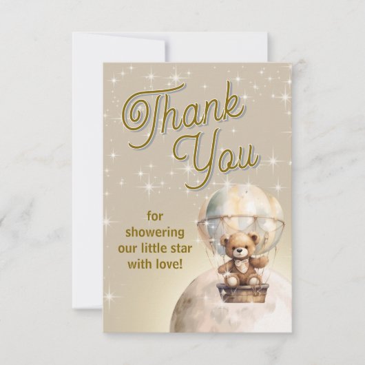 月の上のテディベア男女兼用ベビーシャワー サンキューカード (正面)