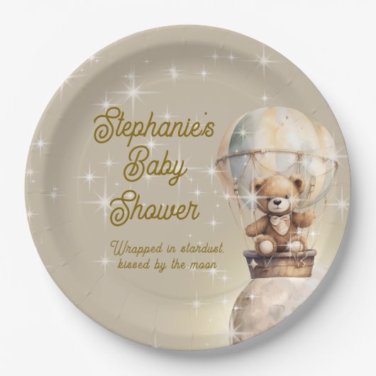 月の上のテディベア男女兼用ベビーシャワー ペーパープレート (正面)