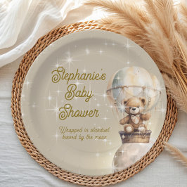 月の上のテディベア男女兼用ベビーシャワー ペーパープレート
