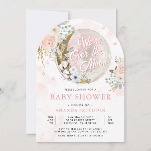 月の上のピンクのフローラアーチ赤ちゃんシャワー 招待状 (正面)