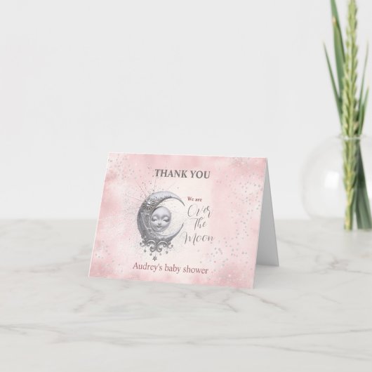月の上のピンクの女の子の赤ちゃんシャワーサンキューカード サンキューカード (正面)