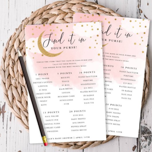 月の上のピンクの財布スカベンジャー狩りゲームカード チラシ