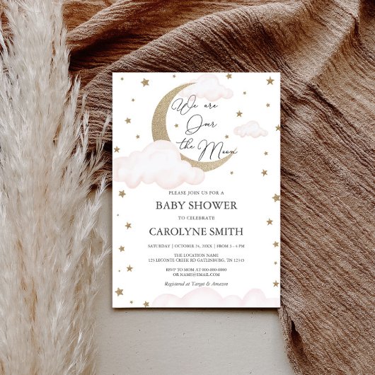 月の上のピンクの赤ちゃんシャワー招待状 招待状
