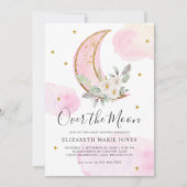 月の上のピンクの金ゴールド夢想少女の赤ちゃんシャワー 招待状 (正面)