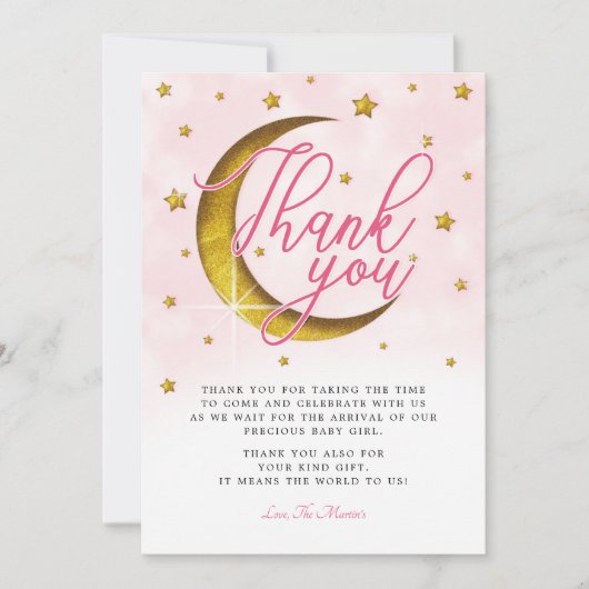 月の上のピンクの金ゴールド赤ちゃんシャワーサンキューカード 招待状 (正面)