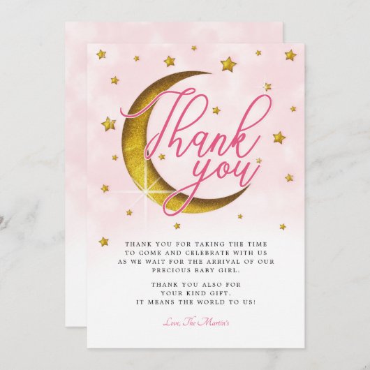 月の上のピンクの金ゴールド赤ちゃんシャワーサンキューカード 招待状 (正面/裏面)