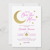 月の上のピンク&金ゴールドベビーガールシャワー 招待状 (正面)