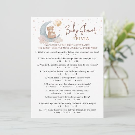 月の上のベビーシャワーベビートリビアゲームカード 招待状 (スタンド正面)