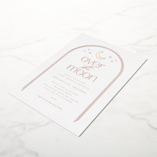 月の上のベビーシャワー男女兼用バラ金ゴールド 箔招待状 (回転した状態)