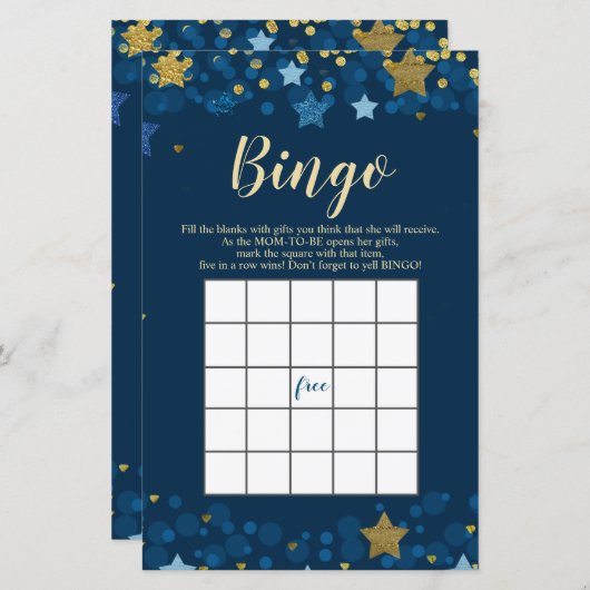 月の上のベビーシャワー金ゴールドグリッタービンゴゲーム (正面/裏面)