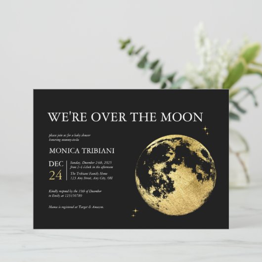 月の上のミニマルな夢想的な金ゴールド赤ちゃんシャワー 招待状 (スタンド正面)