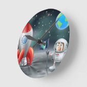 月の上のヴィンテージ宇宙ロケット ラウンド壁時計 (傾斜)