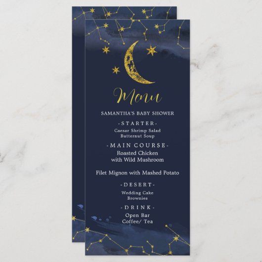 月の上の夜空の赤ちゃんシャワーメニュー メニュー (正面/裏面)