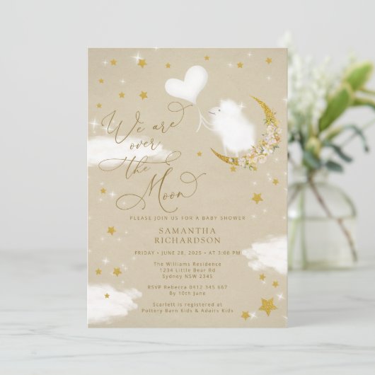 月の上の小さな子羊のバルーン赤ちゃんシャワー 招待状 (スタンド正面)