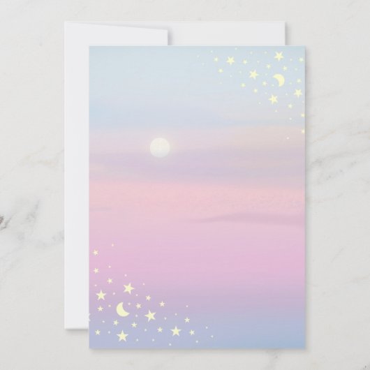 月の上の赤ちゃんシャワーピンク紫の女の子の星I 招待状 (裏面)