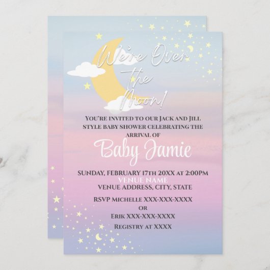 月の上の赤ちゃんシャワーピンク紫の女の子の星I 招待状 (正面/裏面)