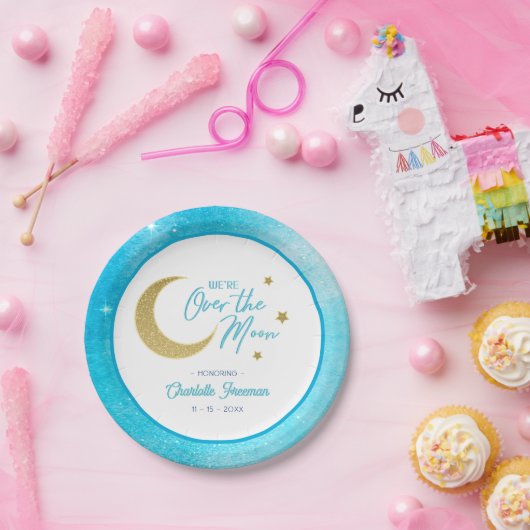 月の上の赤ちゃんシャワープレート – 青い水色 ペーパープレート (パーティー)