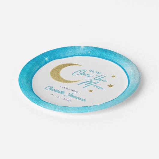 月の上の赤ちゃんシャワープレート – 青い水色 ペーパープレート (アングル)