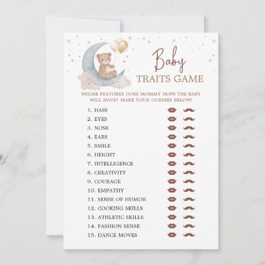 月の上の赤ちゃんシャワーベビー特徴ゲームカード 招待状 (正面)