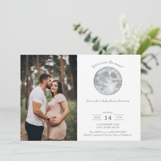 月の上の赤ちゃんシャワー写真のダウンロード 招待状 (スタンド正面)