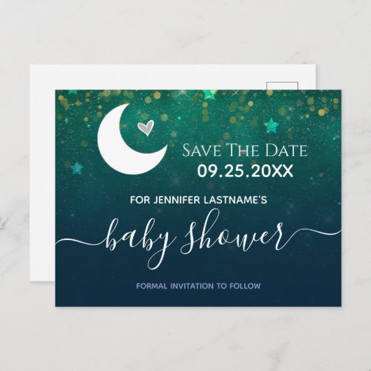 月の上の赤ちゃんシャワー日付を保存 ポストカード (正面/裏面)