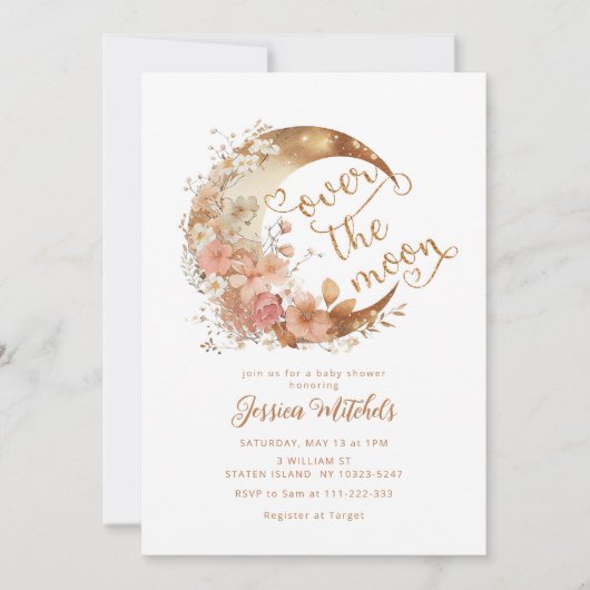 月の上の赤ちゃんシャワー金ゴールドフローラ 招待状 (正面)