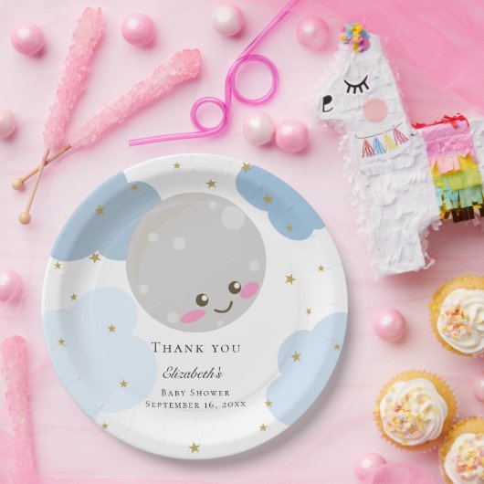 月の上の赤ちゃんシャワー青かわいい金ゴールドかわいい ペーパープレート (パーティー)