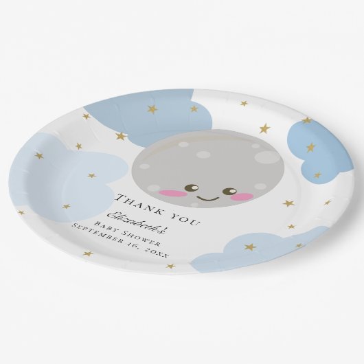 月の上の赤ちゃんシャワー青かわいい金ゴールドかわいい ペーパープレート (アングル)