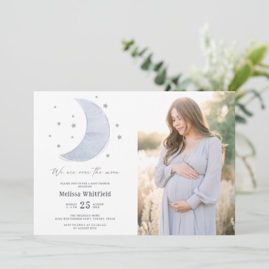 月の上の赤ん男女兼用坊のシャワー写真 招待状 (スタンド正面)